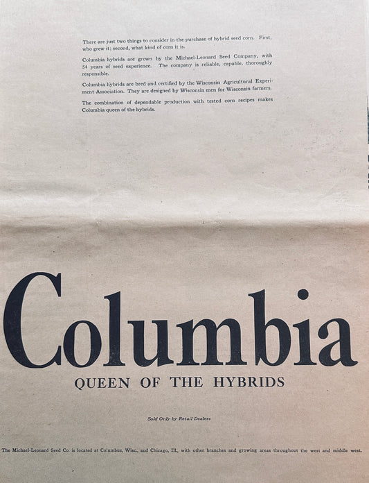 1938 Columbia Queen of the Hybrids Vintage Seed Ad #1052 Columbus, WI
