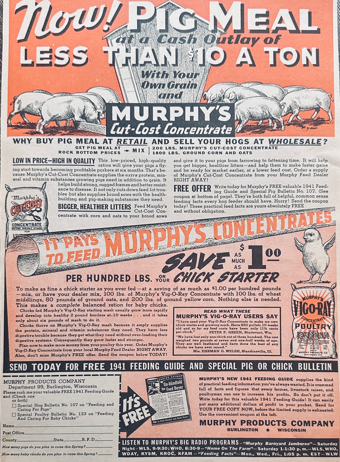 1941 (2) Seed Ads + (1) Feed Ad Double Sided Page Moews, Lowe & Murphy's #1053