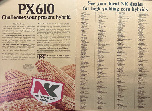1975 Northrup King PX610 Challenges your Present Hybrid #1057 2- page Ad