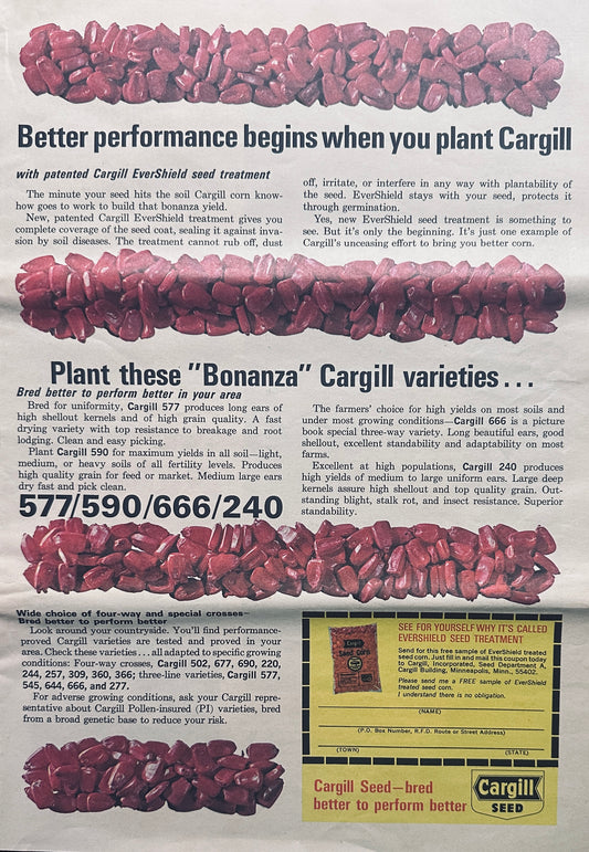 1964 Cargill Hybrid Seeds With Evershield Treatment Vintage AD #1061