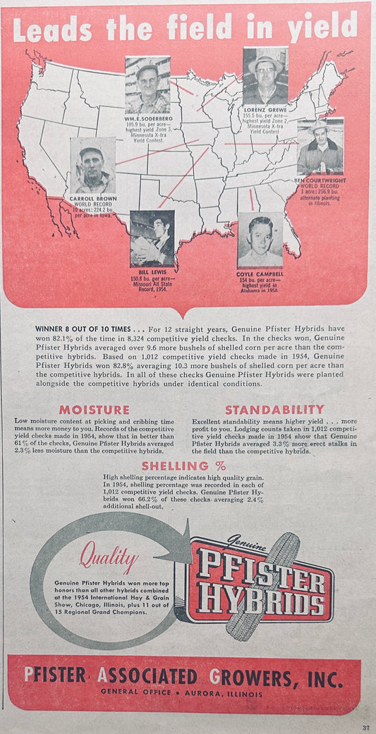1955 PAG Pfister Hybrids Leads the Field in Yield Vintage Ad #1068