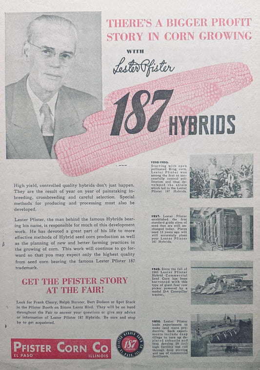 1955 Pfister Corn Co - Lester Pfister Seed & Wayne Feeds Vintagege AD #1069
