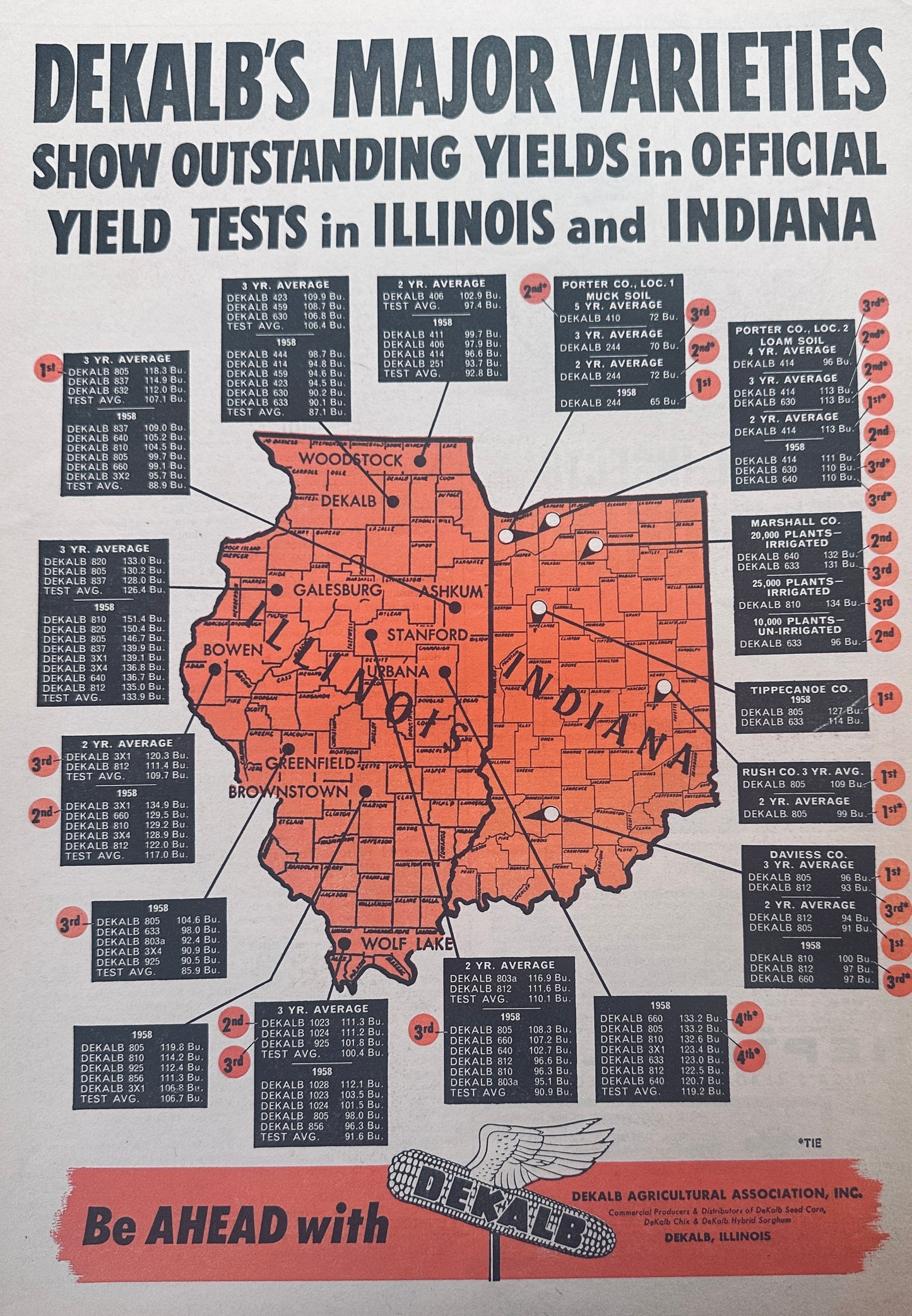 1959 Dekalb Illinois & Indiana Yield Test Results Vintage Ad #1075