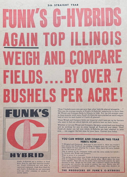 1959 Funk's G Hybrids and Purina Poultry Chows Vintage Ad #1082