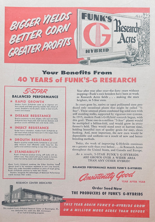 1955 Funk's G Hybrid Research Acres since 1915 Vintage Ad #1086