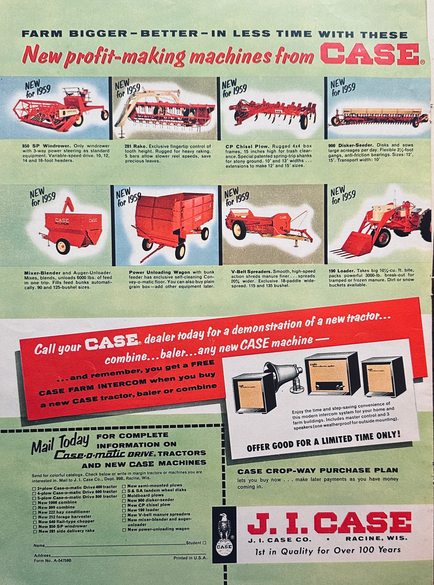 1959 Case Double-Side Full Color Centerfold 1960 Case-o-Matic Tractors #1094