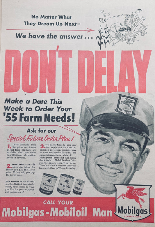 1954 Mobilgas-Mobiloil Man - Call Him Today Vintage Ad #1098