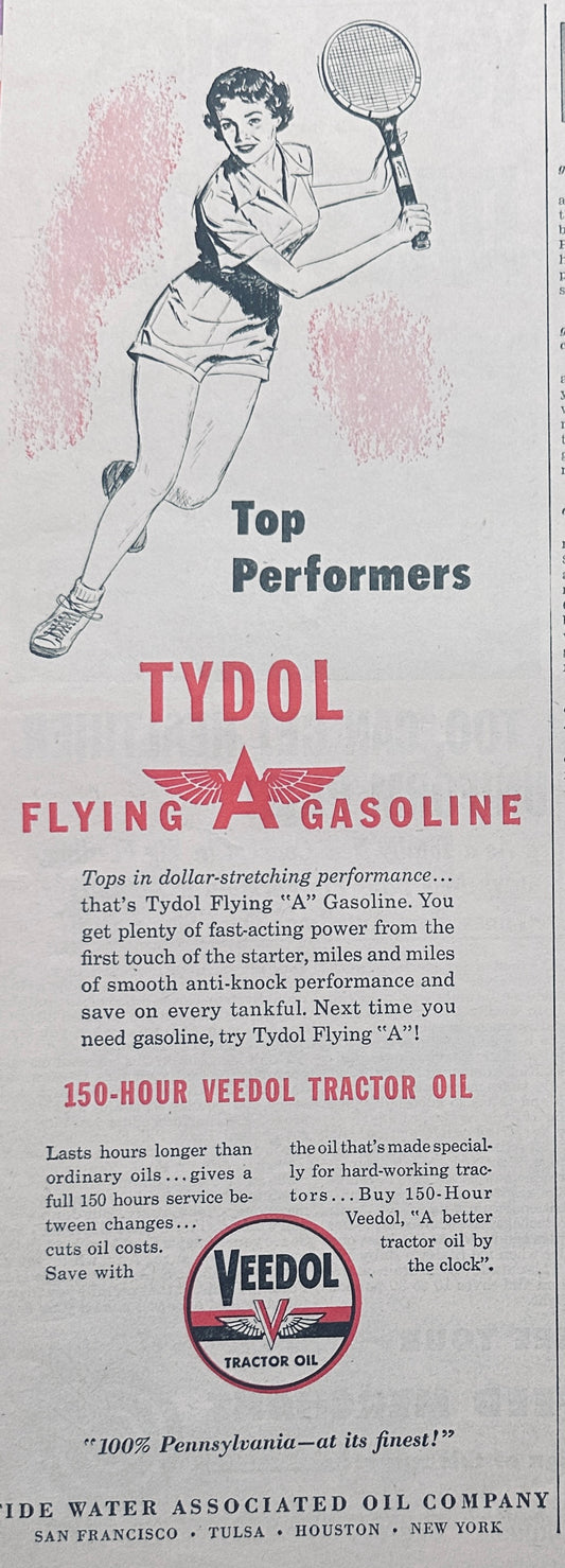1955 Tydol Flying A Gasoline Veedol Tractor Oil - Vintage Ad #1103