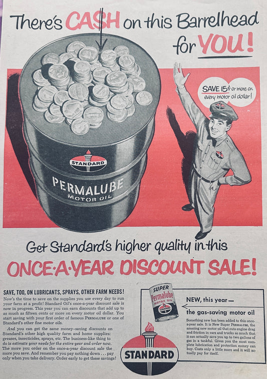 1954 Standard Permalube Motor Oil Cash on the Barrelhead Ad #1106