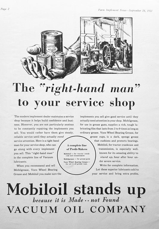 1931 Mobiloil Stands Up - Right-Hand Man - Vintage Ad #1109