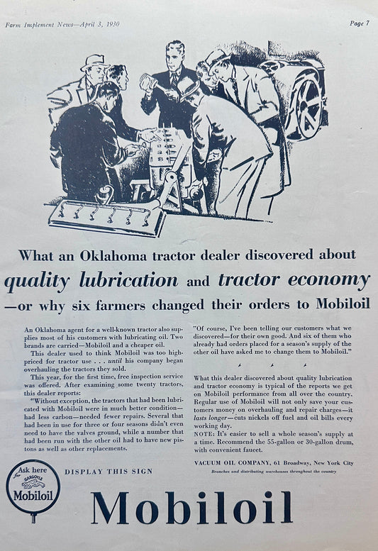 1930 Mobiloil Quality Lubrication & Tractor economy - Ad #1112