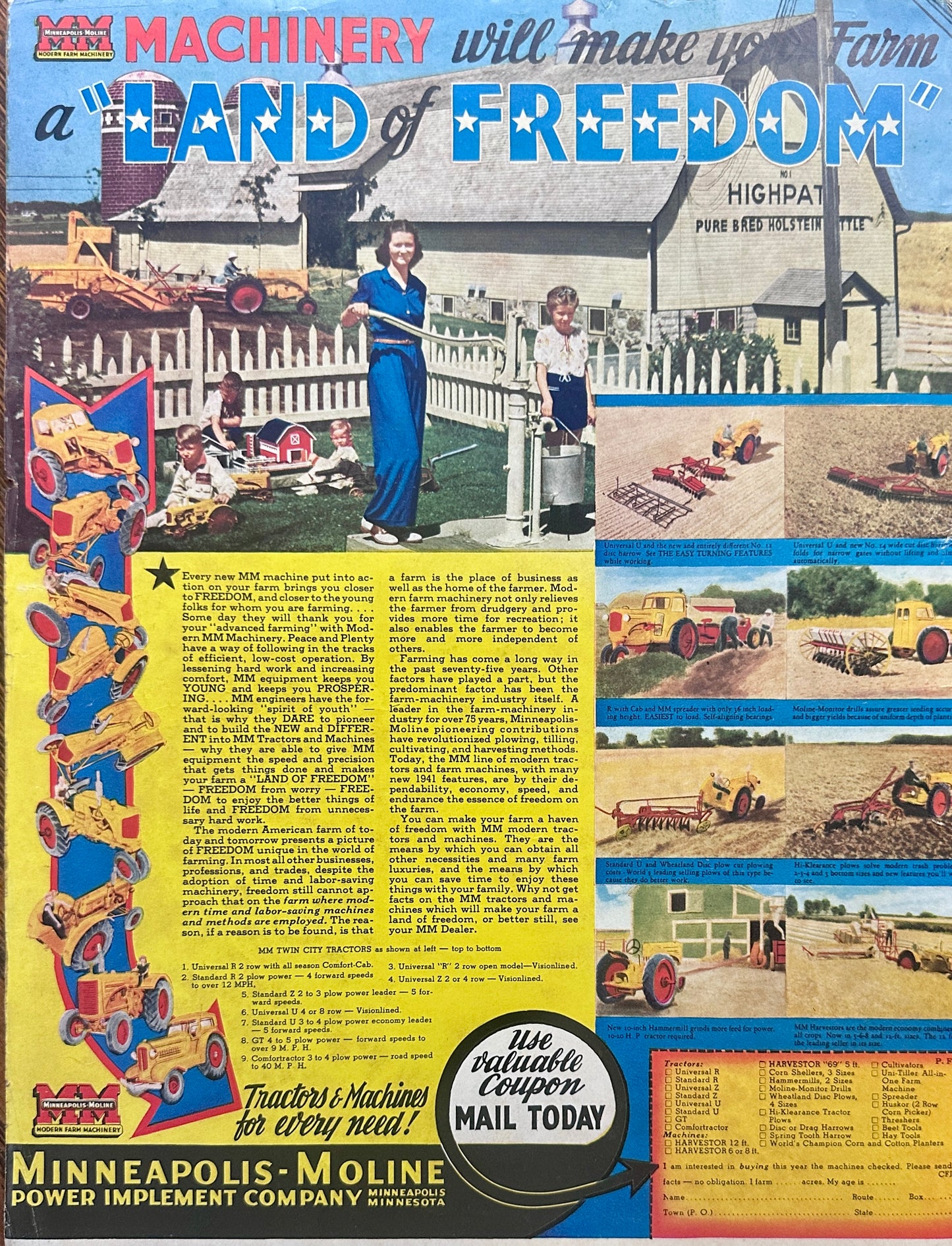 1941 Full Color Minneapolis Moline Farm - Land of Freedom WWII Ad #1122