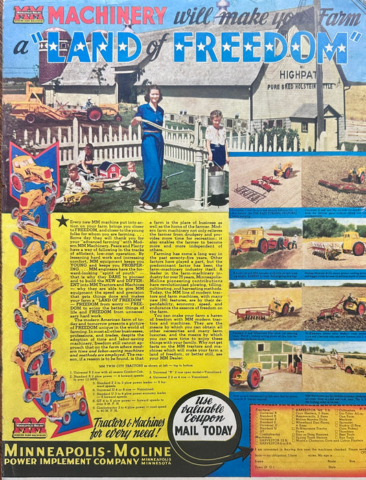 1941 Full Color Minneapolis Moline Farm - Land of Freedom WWII Ad #1122