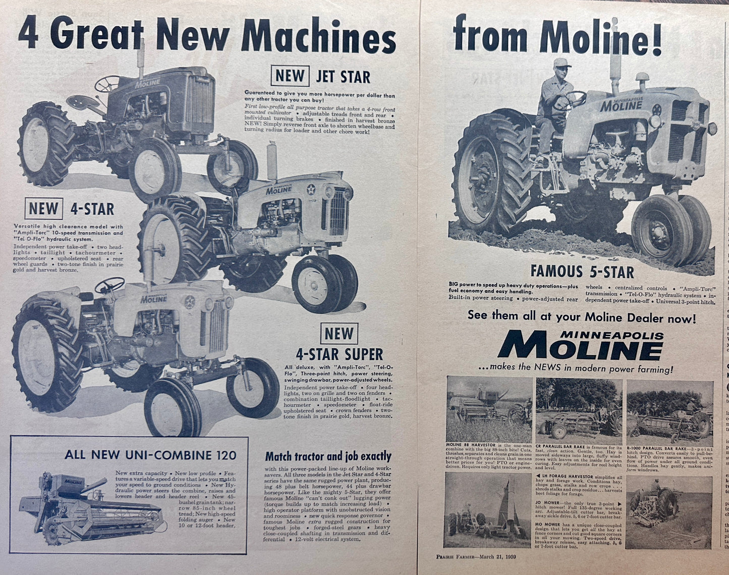 1959 2-Page Minneapolis-Moline 4 tractors, 120 Combine and More AD #1124