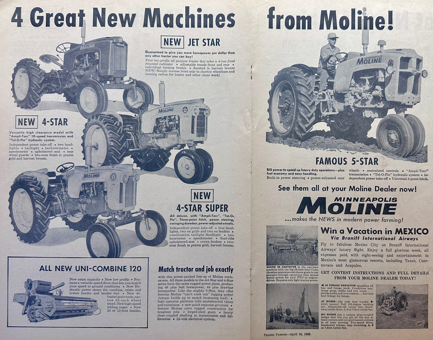1959 CENTERFOLD Minneapolis-Moline- 4 Tractor Models & 1 Combine Ad #1125