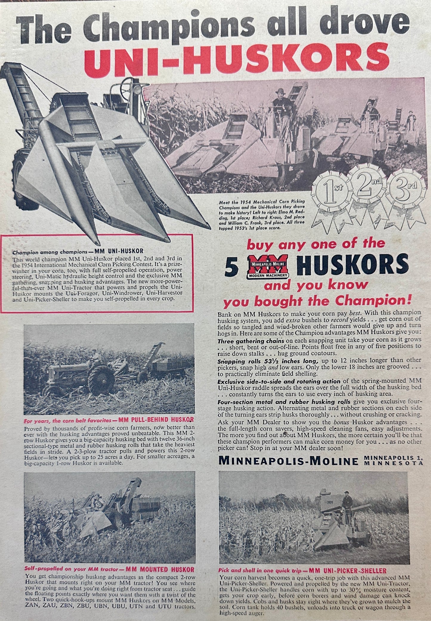 1955 Minneapolis-Moline Uni-Huskors Corn Pickers Ad #1126
