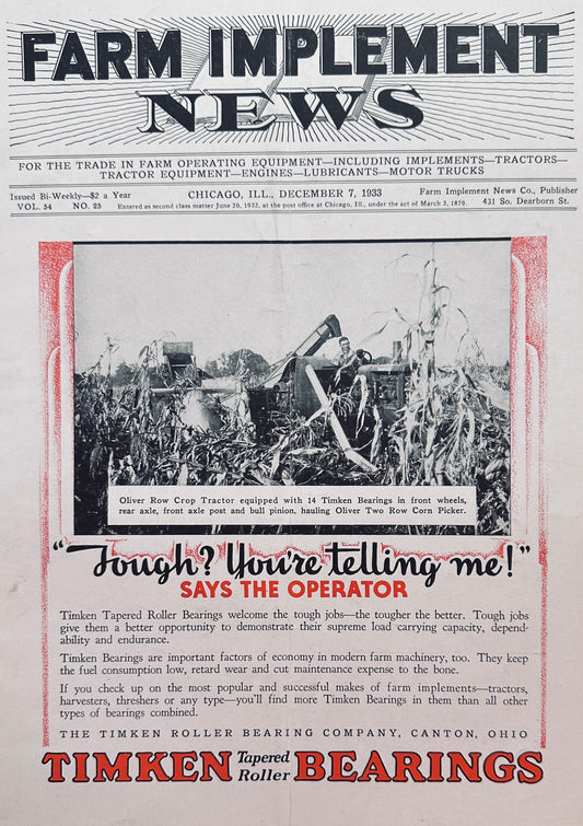 1933 Farm Implement News Cover Oliver Row Crop Tractor Ad #1129