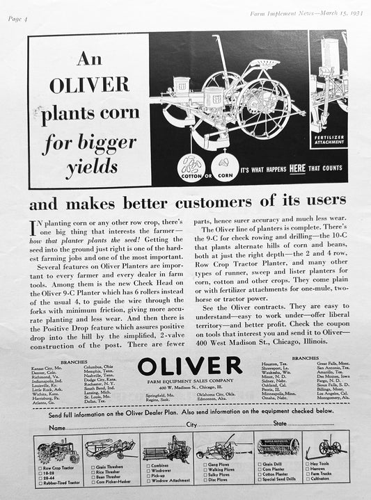 1934 Oliver 9-C Corn Planter Vintage Ad #1130