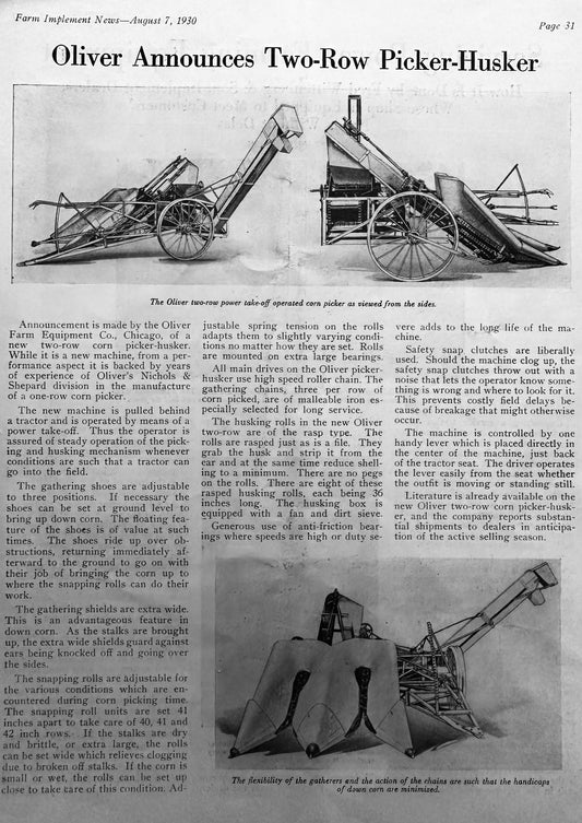 1930 & 1931 Magazine Pictures of Oliver 2-Row Picker-Huskor & Orchard Tractor #1137