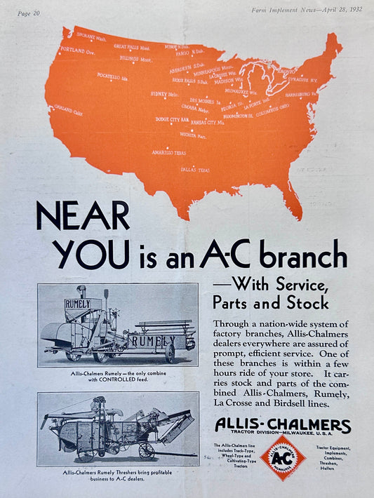 1932 Allis-Chalmers Rumely Combine & Threshers Ad #1142