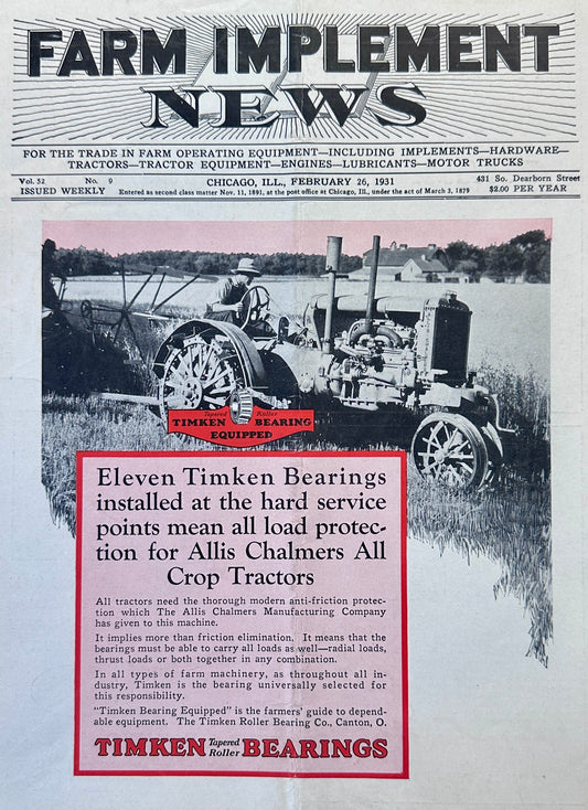 1931 Allis-Chalmers All Crop Tractors Use Timken Bearings Ad #1145
