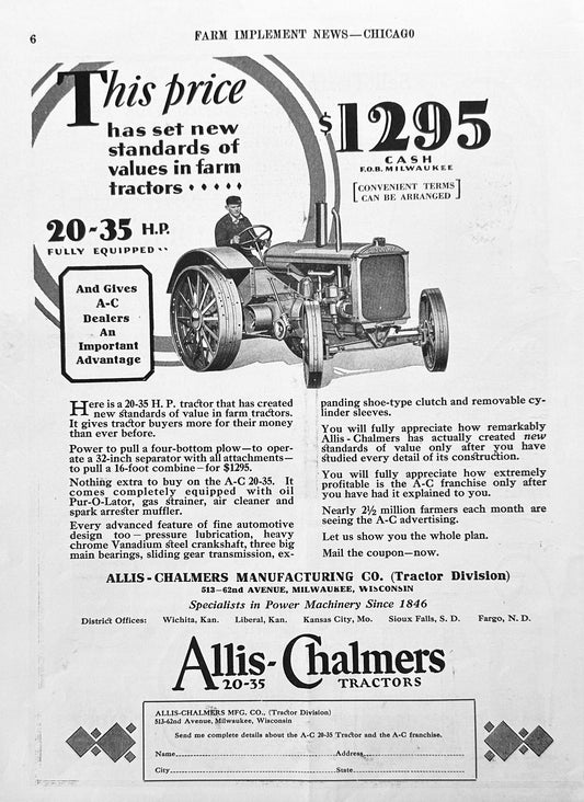 1928 Allis-Chalmers 20-35 Tractor & Myers Spray Pumps & Accessories Ad #1147