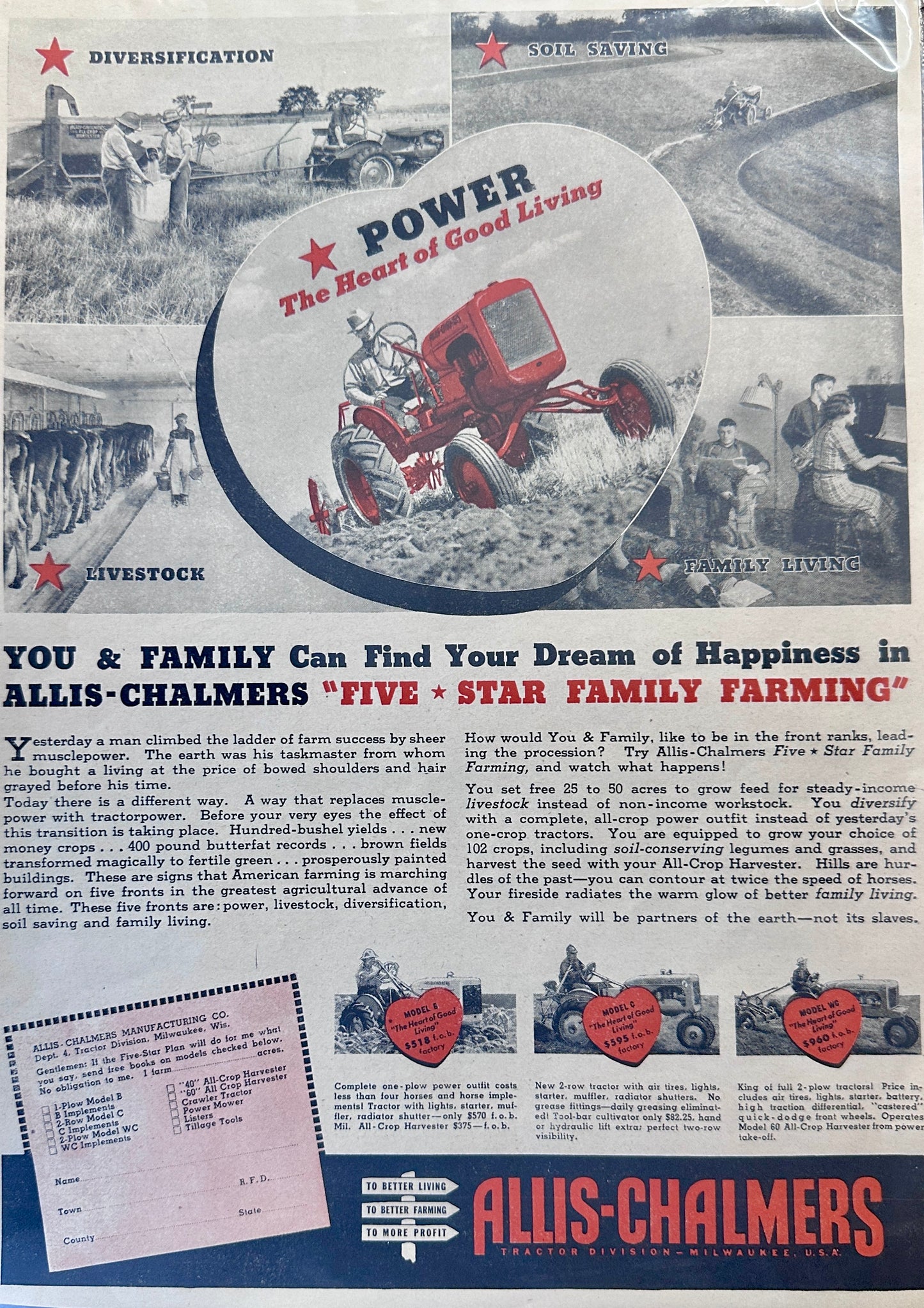1941 Allis Chalmers All Crop Harvester Power The Heart of Good Living #1148