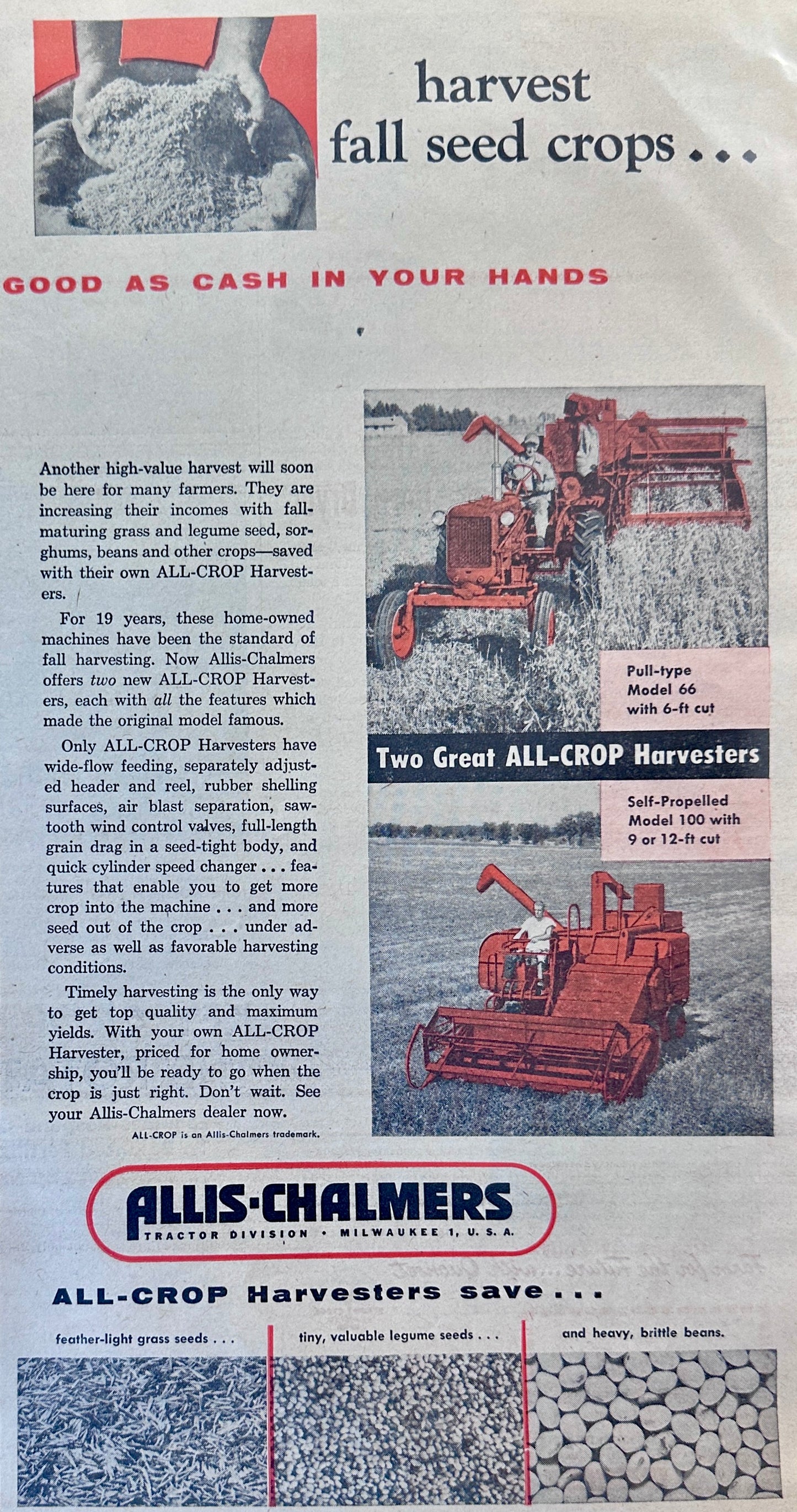 1954 Allis-Chalmers All Crop Harvesters Model 66 and Model 100 Ad #1152