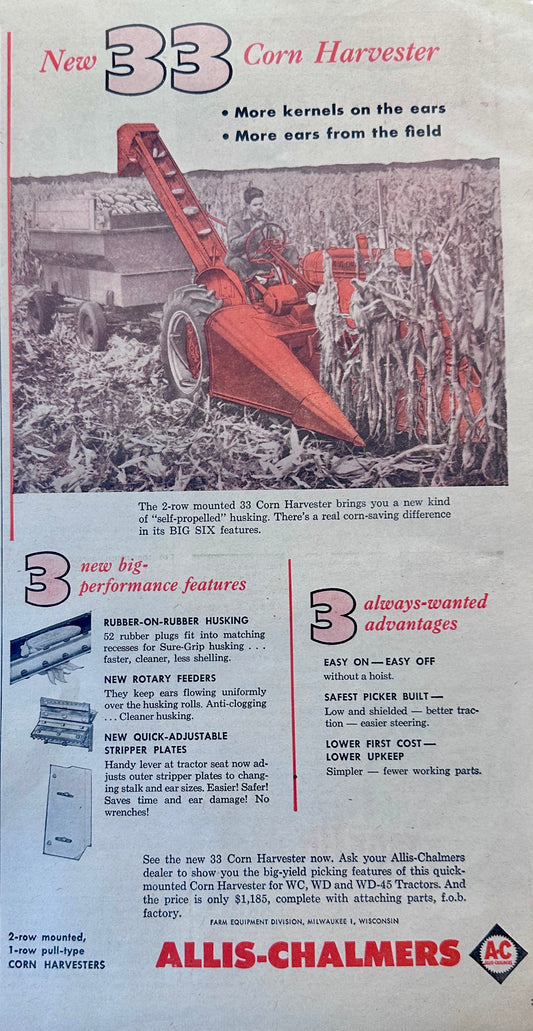 1955 Allis Chalmers new 33 Corn Harvester Vintage AD #1153
