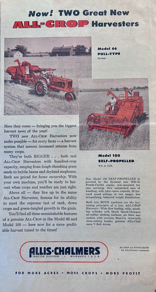 1954 Allis-Chalmers Model 66 and Model 100 All-Crop Harvesters Ad #1155