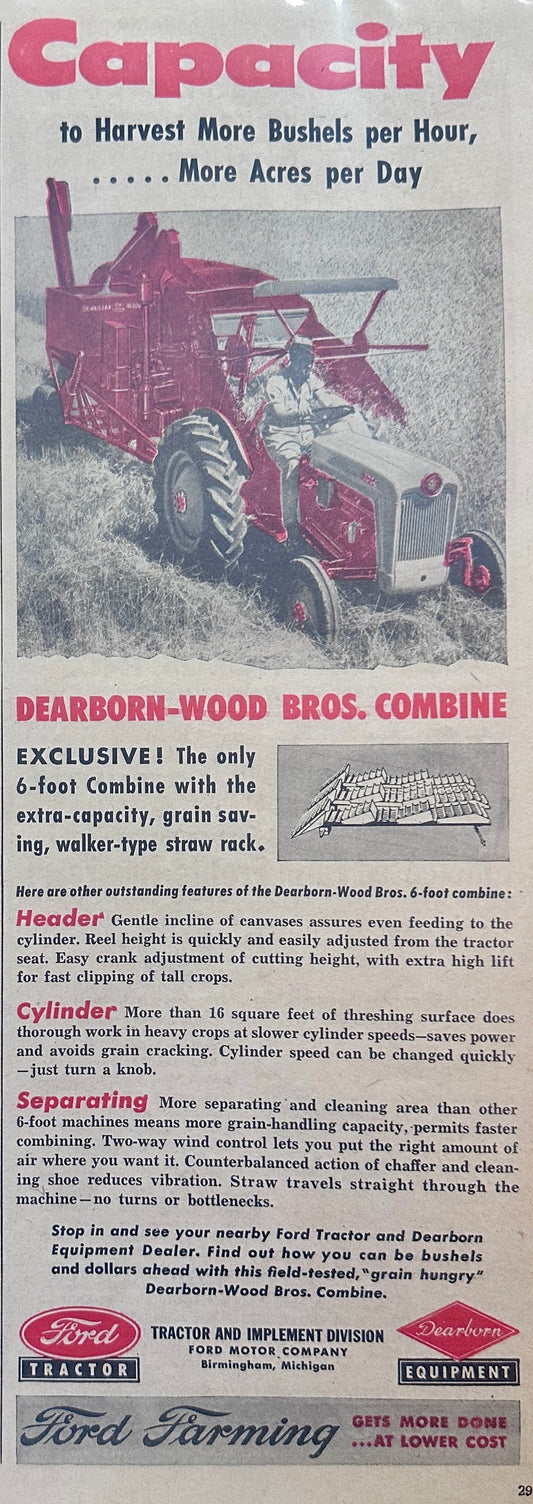1954 Ford tractor with Dearborn-Wood Bros Combine Ad #1156