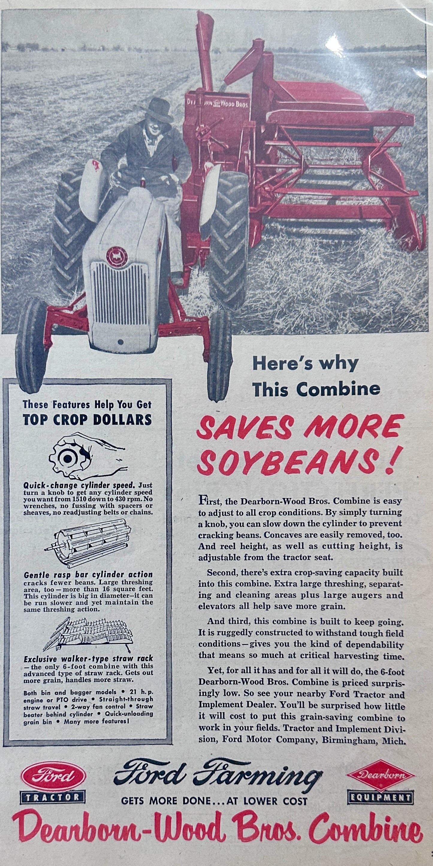 1954 Ford Tractor + Dearborn-Wood Bros. Combine Combo Soybeans Ad #1159