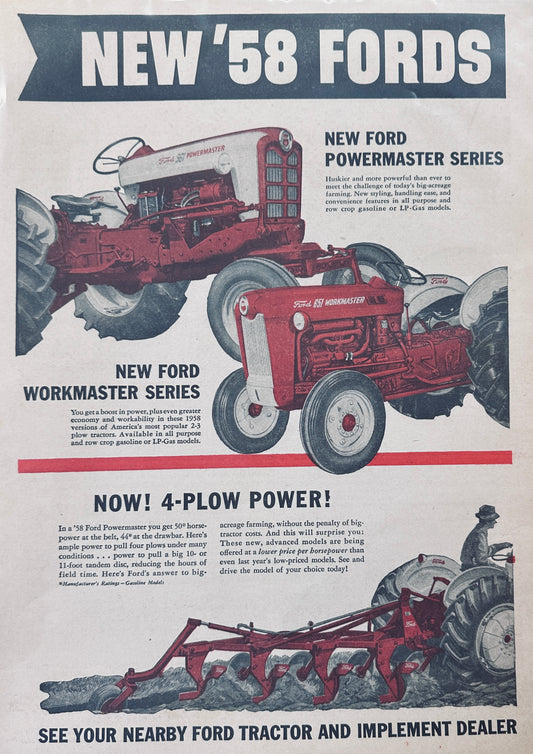 1957 New '58 Fords, Powermaster, Workmaster, and 4-Plow Power Ad #1163