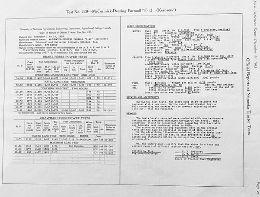 1933 Nebraska Tractor Test Report #220 McCormick-Deering Farmall F-12 #1178