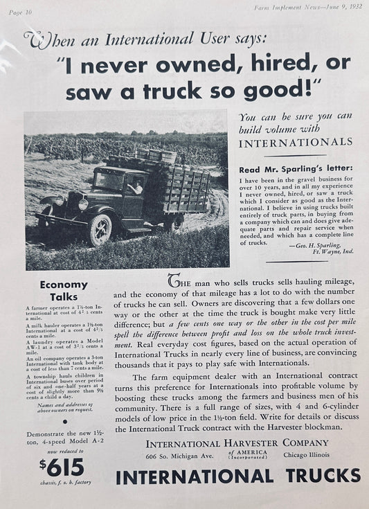 1932 International Trucks Model 2-A Farm Truck Ad #1180