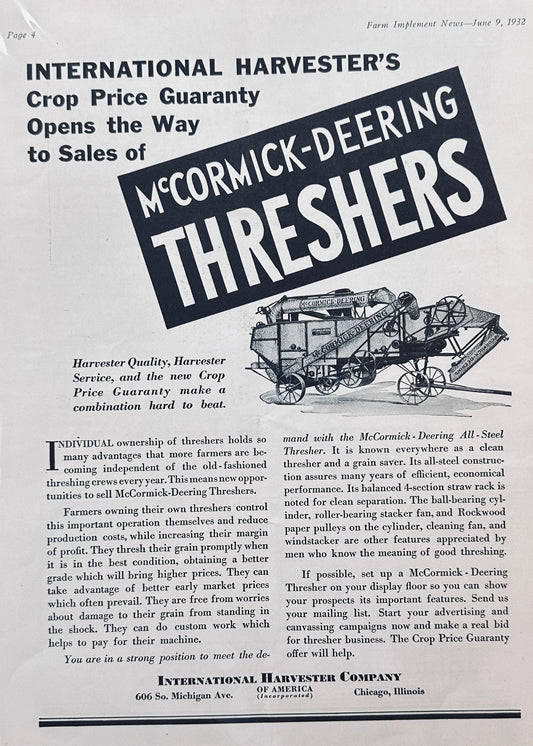 1932 Dual Sided Ad Page McCormick-Deering Threshers - John Deere Tractor #1181
