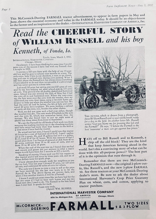 1932 International Harvester McCormick-Deering Farmall Story Of William Russell #1184