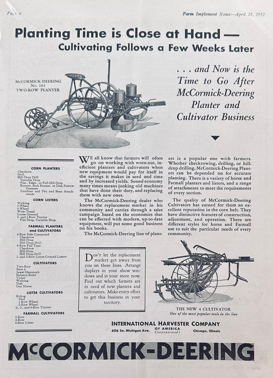 1932 McCormick-Deering No 102 2-Row Planter & No. 4 Cultivator #1185