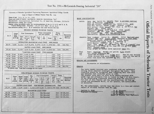 1931 Nebraska Tractor Test No. 194 McCormick-Deering Industrial "20"  #1187