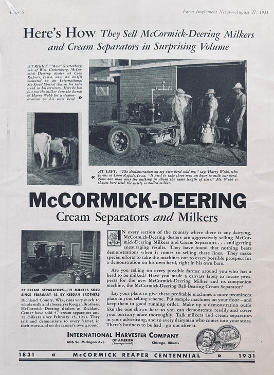 1931 McCormick-Deering Cream Separators & Milkers Ad #1189