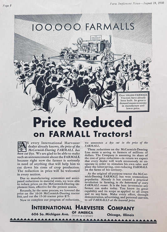 1930 International Harvester McCormick Deering Farmall Tractors PRice Cut #1190