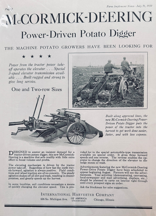 1930 McCormick-Deering Power-Driven Potato Digger Ad #1192