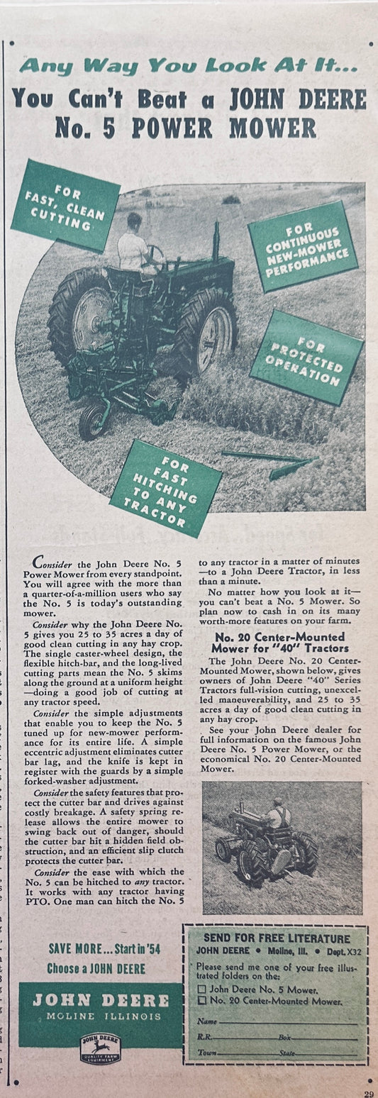 1954 John Deere No.5 Power Mower - Can't be Beat Ad #1203
