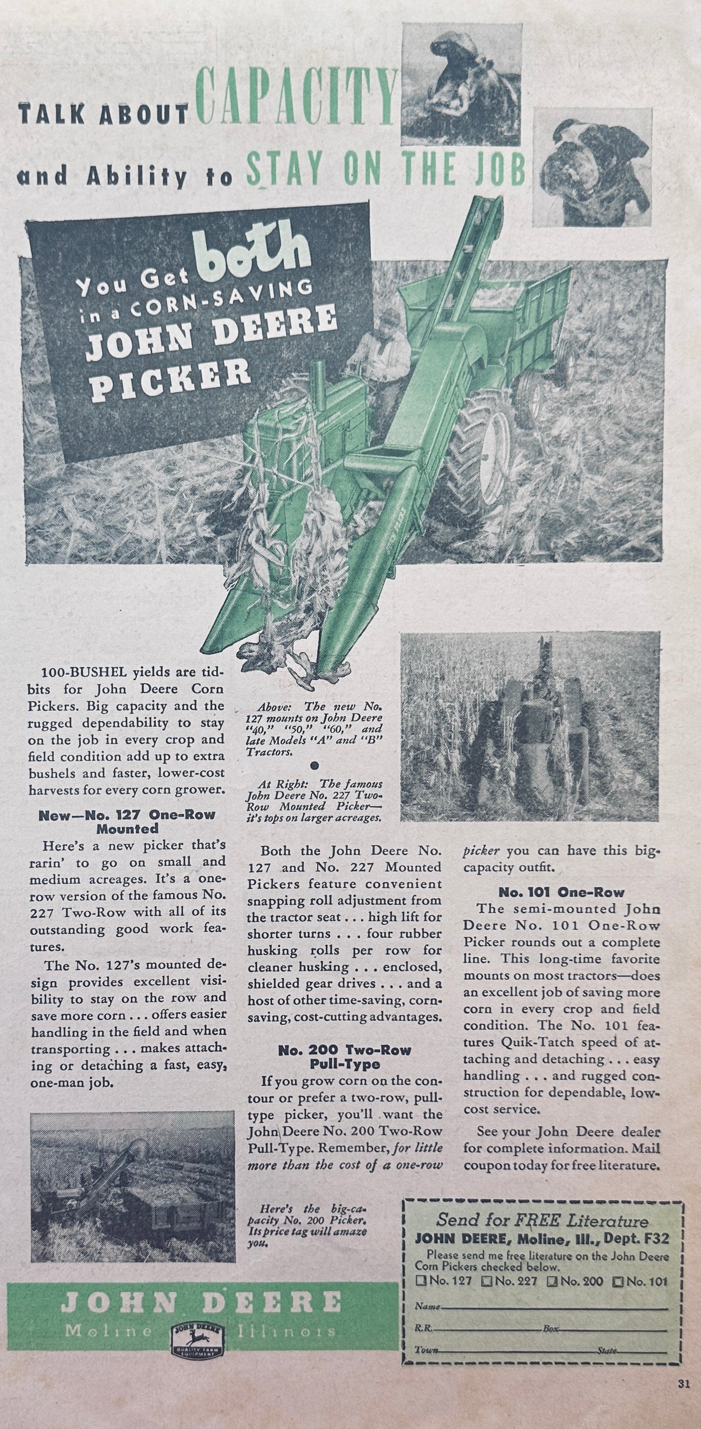 1954 John Deere No.127 On-Row, No. 200 2-Row and No. 101 Corn Pickers Ad #1204