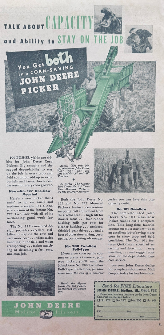 1954 John Deere No.127 On-Row, No. 200 2-Row and No. 101 Corn Pickers Ad #1204