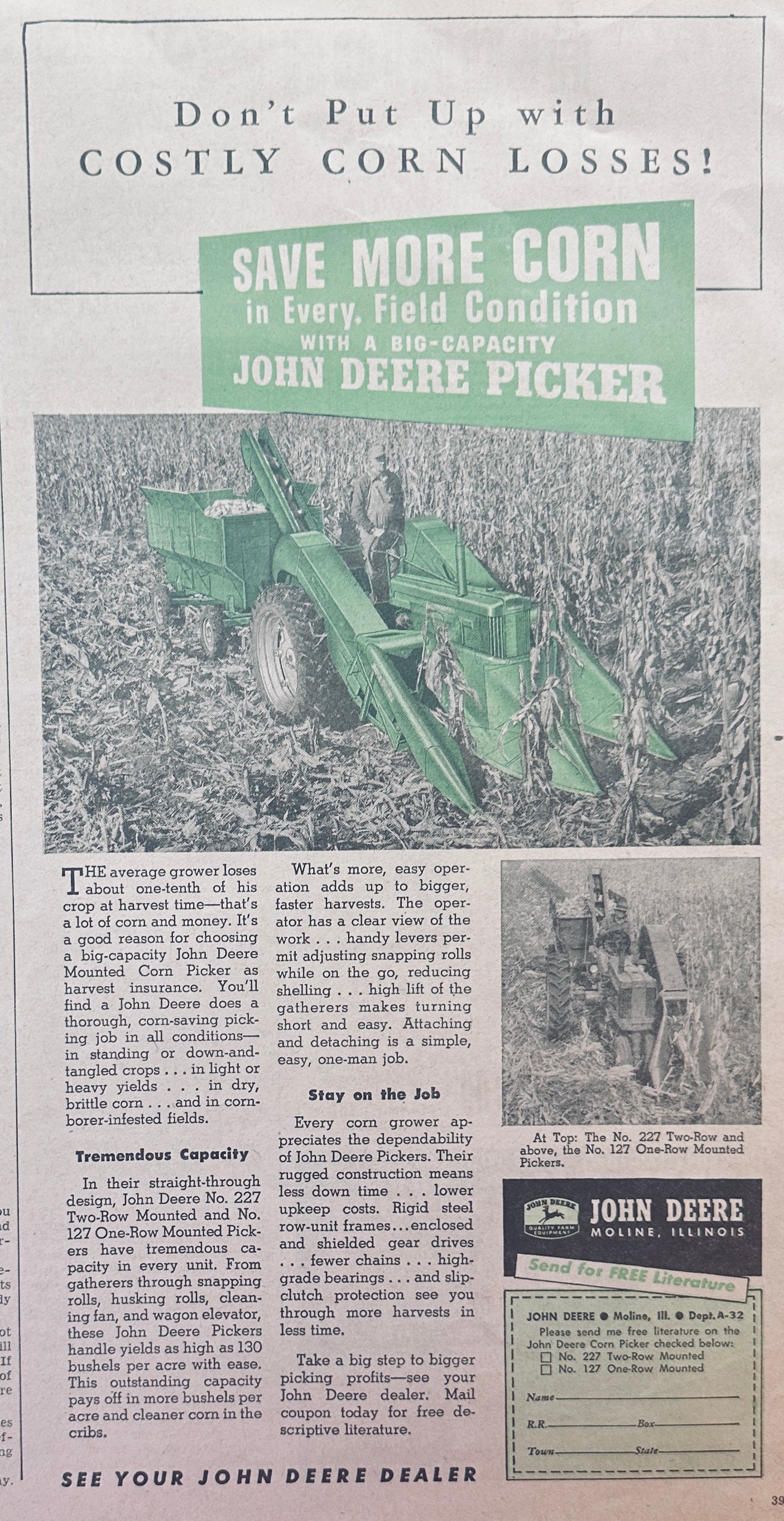 1955 John Deere No.227 and No.127 Corn Pickers - Big Capacity - Ad #1205