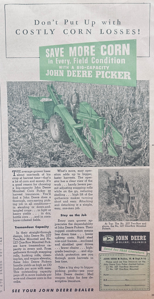 1955 John Deere No.227 and No.127 Corn Pickers - Big Capacity - Ad #1205
