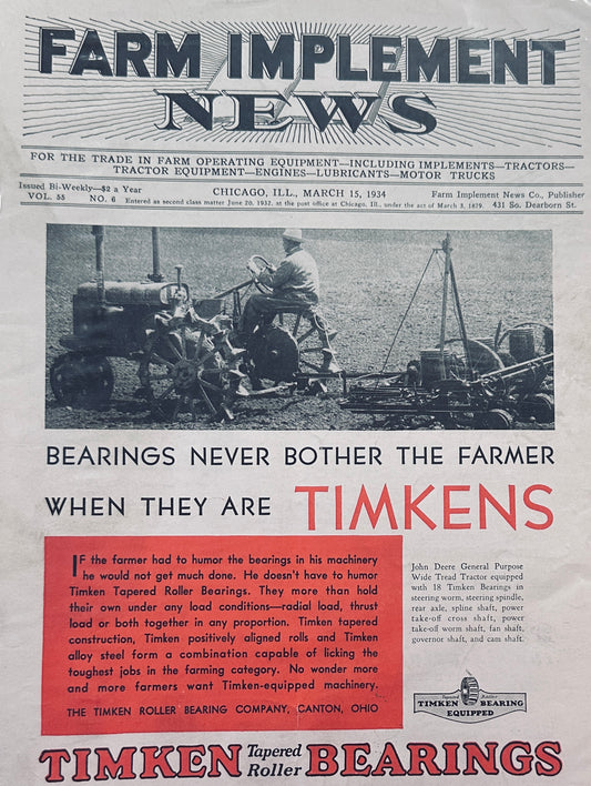 1934 John Deere General Purpose Wide Tread Tractor - Timken Bearings Ad #1207