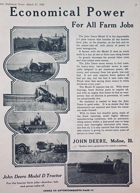 1930 John Deere Model D tractor Economical Power Ad #1210