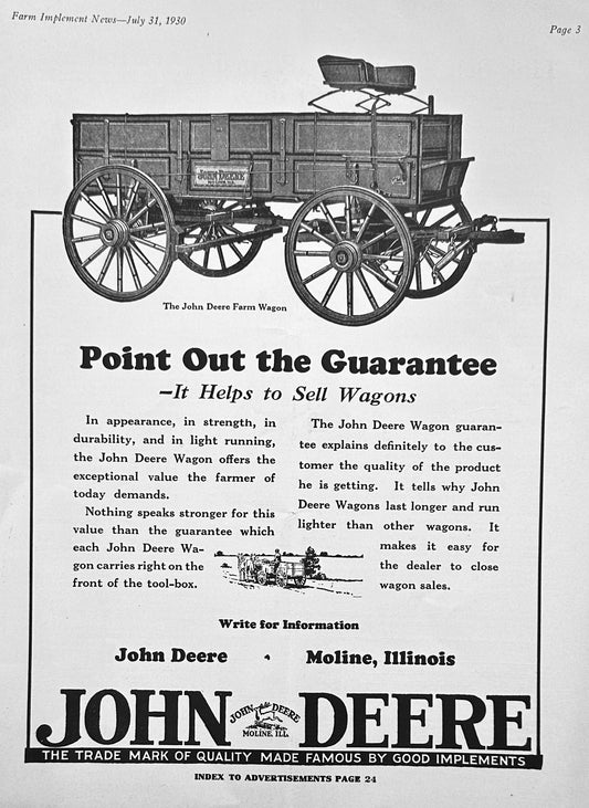 1930 John Deere Farm Wagon - Point Out The Guarantee! Ad #1211